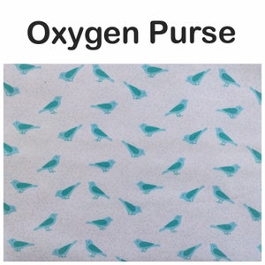 oxygen purse, pockets, padded strap, portable travel bag, tote, oxygen tank, multiple tank size options, aqua birds on white cotton fabric