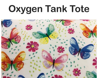 Oxygen Tank Tote for B and C tanks, wide padded strap, portable oxygen travel bag, vertical, multi-color butterflies
