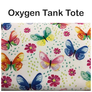Oxygen Tank Tote for B and C tanks, wide padded strap, portable oxygen travel bag, vertical, multi-color butterflies