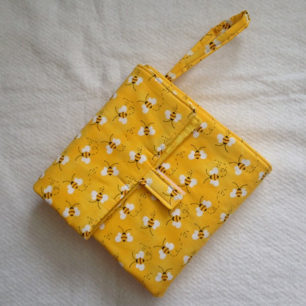 flip and go travel diaper changing pad/baby changing pad/travel diaper clutch with pockets - yellow busy bees