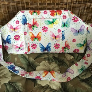 oxygen purse, pockets, padded strap, portable travel bag, tote, oxygen tank, multiple tank size options, in colorful butterfly cotton fabric