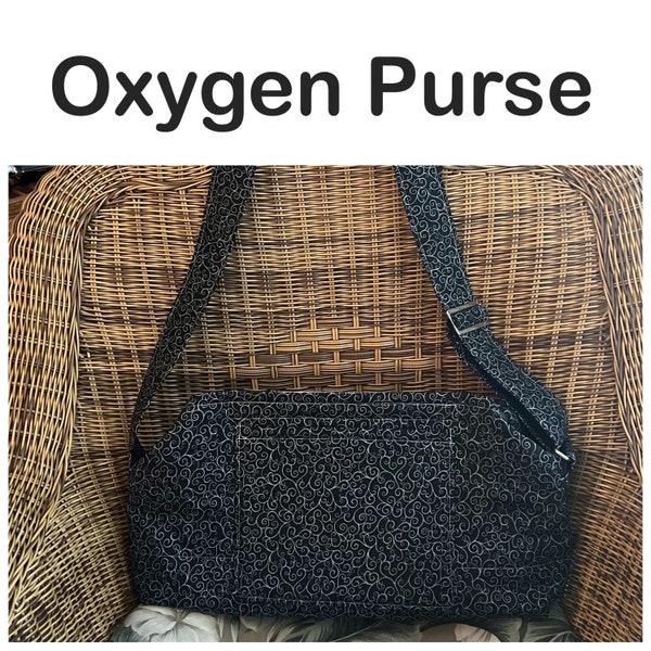 oxygen purse, pockets, padded strap, portable travel bag, tote,oxygen tank,multiple tank size options, black and white swirl cotton fabric