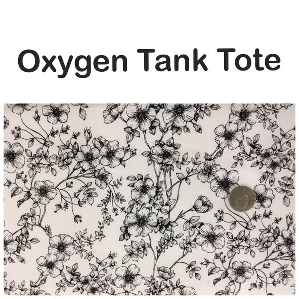 Oxygen Tank Tote for B and C tanks, wide padded strap, portable oxygen travel bag, vertical, black and white floral cotton fabric