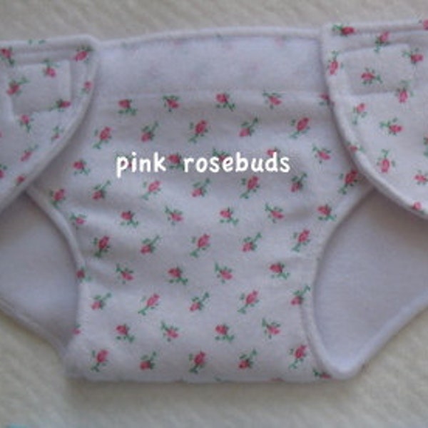 cloth doll diaper/stuffed animal cloth diaper/adjustable size diaper for dolls and stuffed animals pink rosebuds on white