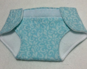 cloth doll diaper/stuffed animal cloth diaper/adjustable size diaper for dolls and stuffed animals swirls on aqua