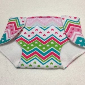 cloth doll diaper/stuffed animal cloth diaper/adjustable size diaper for dolls and stuffed animals/fuchsia turquoise chevrons and hearts