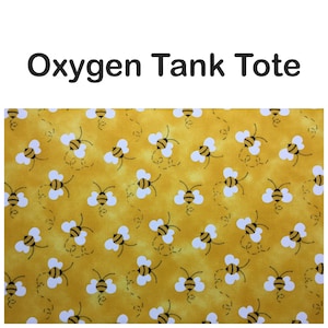 Oxygen Tank Tote for B and C tanks, wide padded strap, portable oxygen travel bag, vertical, yellow busy bee cotton fabric