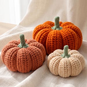 Può includere: Tre zucche realizzate all'uncinetto di dimensioni e colori diversi. Una zucca grande è arancione brillante, una zucca media è arancione ruggine e una zucca piccola è color crema. Ogni zucca presenta un design a coste e un gambo verde salvia.