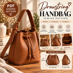 Puede incluir: Un bolso de mano marrón con cordón, correa ajustable y cierre superior fruncido. La imagen incluye texto para un patrón de costura en PDF, mostrando dimensiones de 30 cm por 25 cm por 12,5 cm e iconos explicativos.