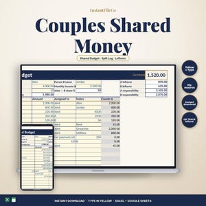 Può includere: Un foglio di calcolo digitale per il budget di coppia intitolato Couples Shared Money, visualizzato su uno schermo di laptop e smartphone. L'interfaccia presenta colonne per entrate, uscite e responsabilità condivise con celle gialle.