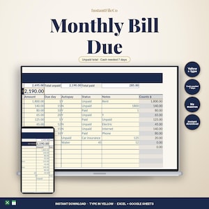 Monthly Bill Due Tracker | Excel Spreadsheet | Google Sheets