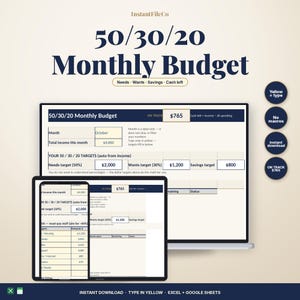 May include: A digital 50/30/20 monthly budget spreadsheet template displayed on a laptop and smartphone screen. The interface features fields for income, needs, wants, and savings targets with text labels including 50/30/20 Monthly Budget, Needs, Wants, Savings, Cash left, and On Track $765.