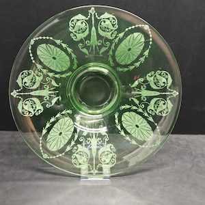 Cambridge Etched 12.75" Flared Bowl - Uranium Green Glass