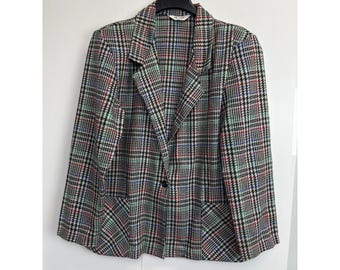 Vintage Blair Blazer Womens 16 Colorful Plaid Wool Blend Jacket Coat Made In USA