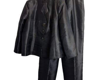 Diana Womens Black Satin 2 Piece Pant Suit Rhinestone Button Blazer Size 24