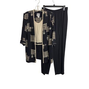 May include: A three-piece clothing set consisting of a black open-front jacket with a beige and black checkered patch pattern and white floral embroidery, a solid beige sleeveless top, and a pair of solid black trousers with an elastic waistband.