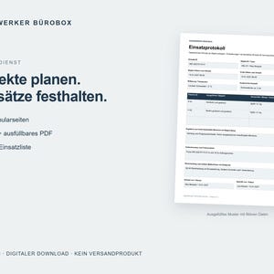 Pode incluir: Um modelo de documento digital intitulado Handwerker Bürobox Winterdienst com um formulário Einsatzprotokoll. O layout inclui campos para datas, horas, clima e registros de tarefas. Inclui 6 páginas de formulário, formatos Word, PDF e Excel.