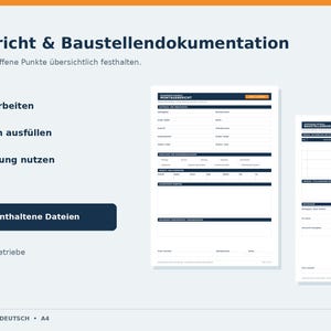 Peut inclure: Un ensemble de modèles de documents numériques intitulé Handwerker Bürobox Montagebericht & Baustellendokumentation. Il comprend quatre pages de rapport A4 pour les entreprises de construction et de service, avec des fichiers Word et PDF.