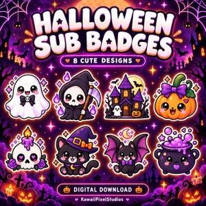 May include: A digital download set of eight Halloween sub badges featuring a white ghost, a grim reaper, a haunted house, a pumpkin, a skull candle, a black cat in a witch hat, a bat, and a purple cauldron, all set against a dark purple background.