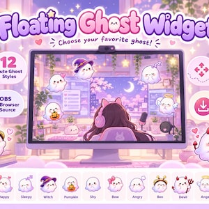 Kawaii zwevende spook OBS-widget | 12 Halloween-streamdecoraties (digitale download)