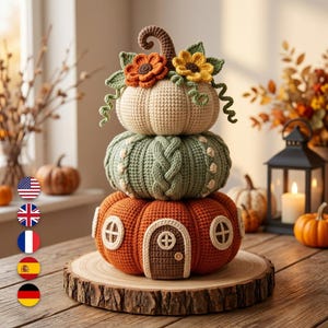 May include: A stacked crochet pumpkin decoration featuring three tiers. The top is a cream pumpkin with orange and yellow flowers. The middle is a sage green cable-knit pumpkin. The base is an orange pumpkin designed as a house with a door and windows.
