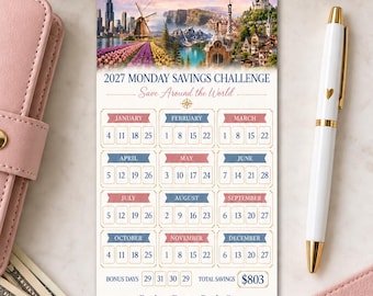 2027 Monday Savings Challenge Printable, A6 Cash Binder Insert, 803 Savings Tracker, Save Around the World, Digital Download