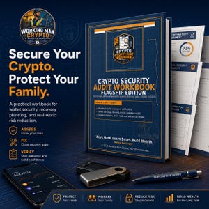 May include: A dark blue Crypto Security Audit Workbook Flagship Edition with orange accents, featuring text about wallet security and risk reduction. Includes a smartphone displaying crypto assets, a silver hardware wallet, and a branded pen.