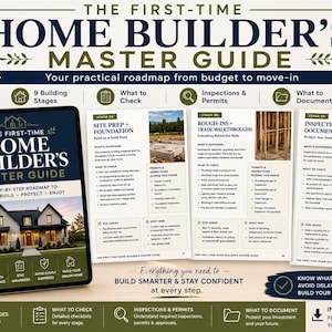 May include: A digital PDF guide titled The First-Time Home Builder's Master Guide, featuring a step-by-step roadmap to plan, build, protect, and enjoy. The document includes detailed checklists for nine building stages, inspections, and permits.