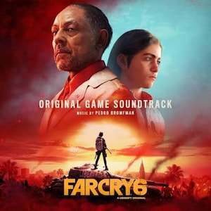 Könnte beinhalten: Das Cover des Far Cry 6 Original-Soundtracks zeigt einen Mann im roten Anzug und eine jüngere Person dahinter. Unten steht eine Figur auf einem Panzer vor einem Sonnenuntergang. Text: ORIGINAL GAME SOUNDTRACK, MUSIC BY PEDRO BROMFMAN, FAR CRY 6.
