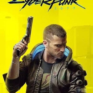 Könnte beinhalten: Ein Werbeplakat für Cyberpunk 2077 mit einer Person mit kurzem Haar und Gesichtsimplantaten, die eine futuristische Handfeuerwaffe hält. Die Person trägt eine dunkle Jacke mit hohem, leuchtend blauem Kragen über einem Grafik-T-Shirt vor gelbem Hintergrund.