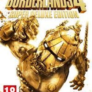 Może przedstawiać: Okładka gry wideo Borderlands 4 Super Deluxe Edition przedstawia złotą, opancerzoną postać z uniesioną pięścią. Tytuł jest wyświetlany pogrubioną, metaliczną czcionką u góry, z oznaczeniem wieku 18 oraz logotypami twórców na dole.
