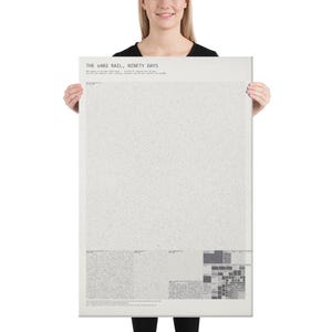 May include: A rectangular poster titled THE X402 RAIL, NINETY DAYS, featuring a large light gray field filled with dense, tiny black text. The bottom section displays smaller blocks of text and a grid of dark gray squares of varying sizes.