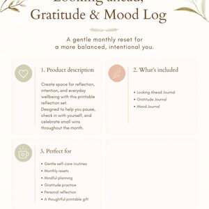 May include: A digital printable Looking ahead, Gratitude & Mood Log document with brown text on a light background. It features sections for product description, what is included, and usage, decorated with small botanical illustrations and heart icons.