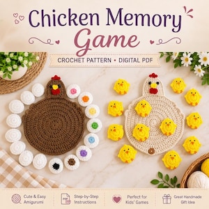 May include: A digital PDF crochet pattern for a Chicken Memory Game. The image displays two large circular crocheted chicken mats, one brown and one beige, surrounded by small crocheted egg and chick pieces in various colors.