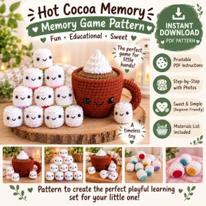 Könnte beinhalten: Eine Häkelanleitung für ein Hot Cocoa Memory-Spiel mit einer braunen Tasse, weißer Schlagsahne und mehreren kleinen weißen Marshmallows mit gestickten Gesichtern. Das Bild enthält Text, Symbole und Fotos der fertigen Häkelobjekte.