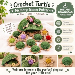 May include: A crochet turtle memory game pattern featuring a large green turtle shell container holding multiple small, colourful crocheted turtles with various coloured centres. The text reads Crochet Turtle Memory Game Pattern and Instant Download.