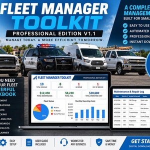 May include: A digital fleet manager toolkit for Excel, featuring a dashboard with vehicle status charts, maintenance logs, and cost analysis. The interface displays data for total vehicles, fuel, and operating costs, compatible with Windows and Mac.