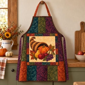 May include: A quilted apron featuring a central square panel with a cornucopia filled with pumpkins, apples, pears, and grapes. The apron is constructed from vertical patchwork strips in autumn colors including orange, teal, and purple.