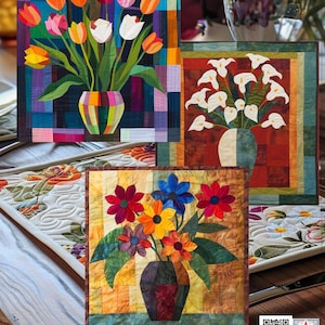 Frühlingsblumen Tulpen Veilchen Lilien Gänseblümchen Muster PDF Instant Download Quilt Applikation Muster, 7 Seiten, 8 "-12" Block