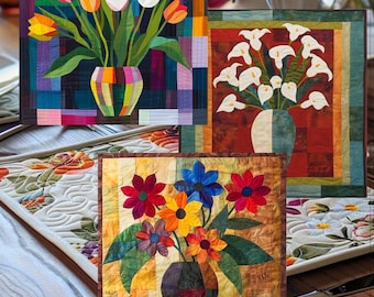 Frühlingsblumen Tulpen Veilchen Lilien Gänseblümchen Muster PDF Instant Download Quilt Applikation Muster, 7 Seiten, 8 "-12" Block Cricut