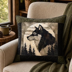 Patron de courtepointe appliqué Loup des bois et arbres, téléchargement PDF instantané, 11 pages, gabarit 20 x 21,5 cm, compatible Cricut