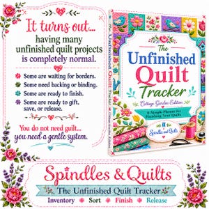 May include: The Unfinished Quilt Tracker Cottage Garden Edition planner features a floral cover with blue birds and pink thread. The text reads: It turns out... having many unfinished quilt projects is completely normal. Spindles & Quilts.