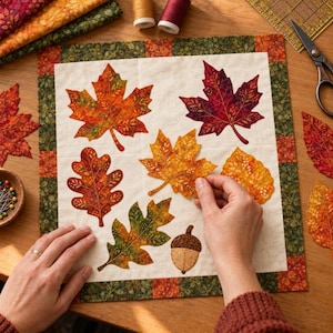 May include: A square fabric quilt block featuring appliquéd autumn leaves and an acorn on a cream background, framed by a green and orange floral border. The design includes various maple and oak leaf shapes in shades of red, orange, and green.
