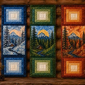 May include: Three vertical fabric wall hangings featuring seasonal mountain landscapes. Each quilt displays a central scene with a cabin, pine trees, and a mountain peak under a sun or moon, framed by geometric borders in blue, green, and orange.