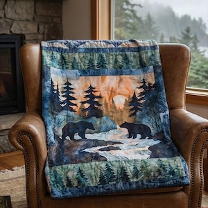 River Grizzly Bears Mountain Trees PDF Instant Download Sewing Quilt Pattern, 10 Pages, Applique Pattern