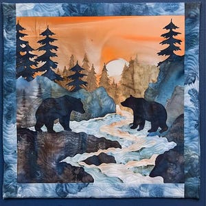 Molde para colcha River Grizzly Bears Mountain Trees em PDF para download instantâneo, 7 páginas, molde para apliques.