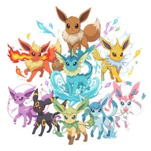 May include: A digital illustration featuring nine Eevee evolution characters arranged in a circular composition. The group includes brown, orange, yellow, blue, purple, black, green, light blue, and pink creatures with distinct elemental features.