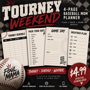 Peut inclure: Un planificateur de baseball de 4 pages sur un fond à carreaux noir et blanc. Les pages comprennent un calendrier de tournoi, une liste de colisage intitulée Pack Your Shit, un journal de match et un plan météo. Une balle de baseball porte le texte Foul Mama.