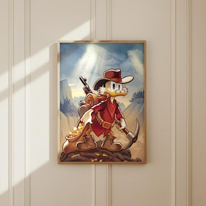 May include: A framed wall art print featuring a cartoon duck dressed as a gold prospector in a red shirt, brown hat, and boots. The character carries a pickaxe and a sack filled with gold nuggets against a mountainous landscape background.