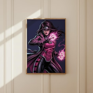 Op de afbeelding: Een ingelijste digitale illustratie van een personage met lang donker haar in een donkere trenchcoat en roze bodysuit. Het personage houdt gloeiende roze speelkaarten vast, omringd door wervelende roze energie tegen een donkere achtergrond.
